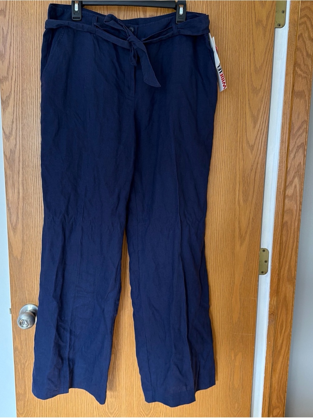 NWT Style & Co Womens 14 Drawstring Waist Linen Pants Relaxed Wide Leg Navy Blue